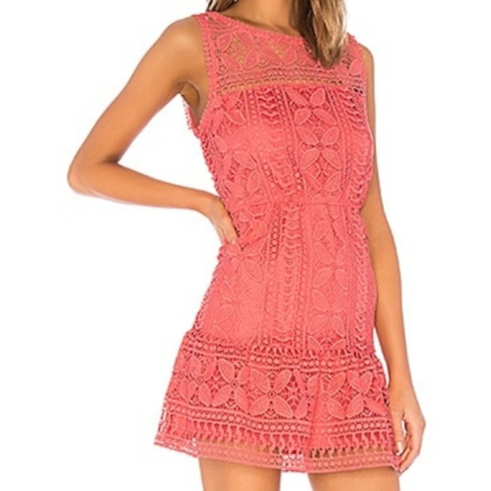 BB DAKOTA Sandra Sugar Coral crochet lace sleeveless feminine flounce mini dress